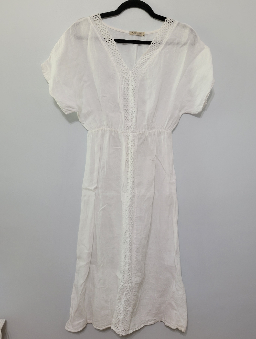 Valentina Naldi 100% Linen White Midi Dress Coverup Size M Eyelet Crochet Italy